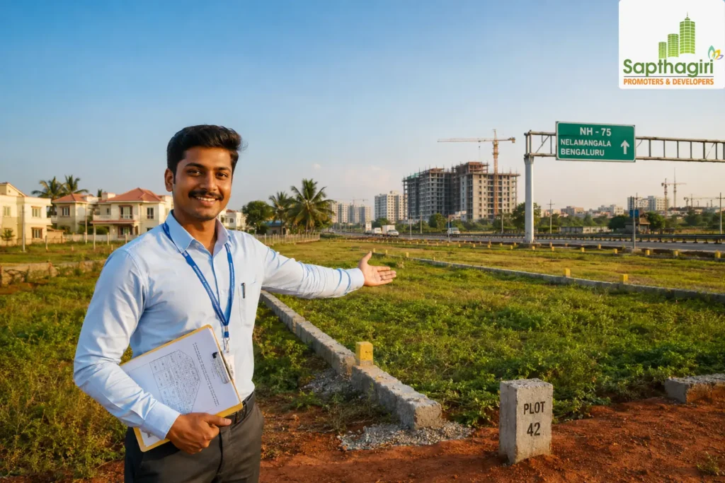 Indian real estate agent in Nelamangala showing BMRDA-approved residential land plots with property documents, new villas and highway in the background