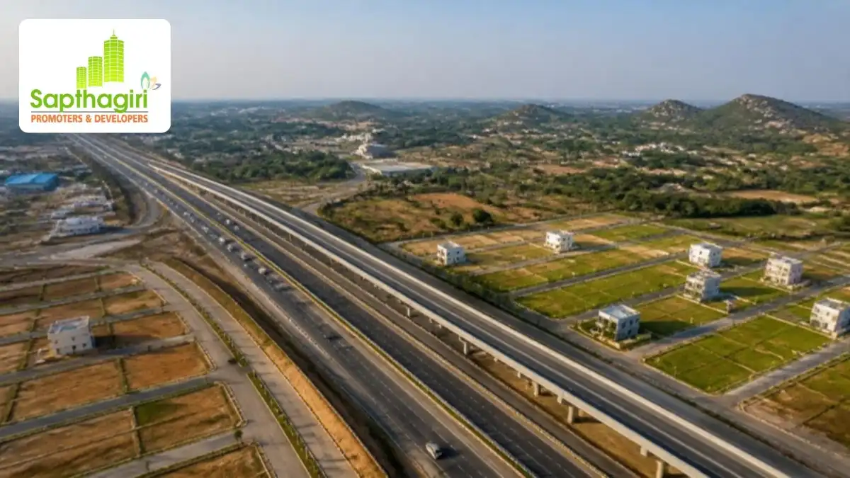 Illustrative aerial view of a highway corridor with residential layouts for the plots on Tumkur Road guide